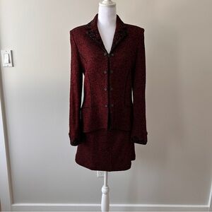 St John Couture Red Black Jacket Skirt L Size 8 2pc Suit Embroidery Stud Trim